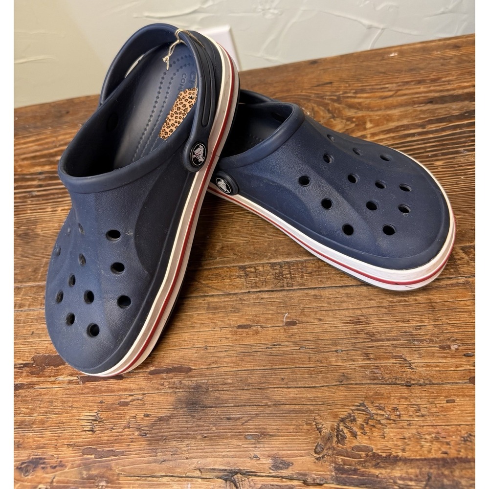 Crocs Crocband Kids J2 Navy Blue Red White Stripe Clogs Slip On Shoes